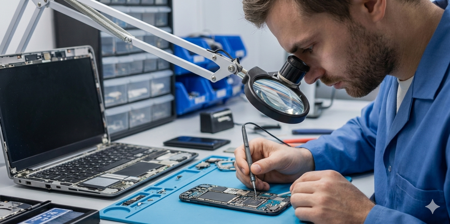 Technician repairing an electronic device at Tek Doctor